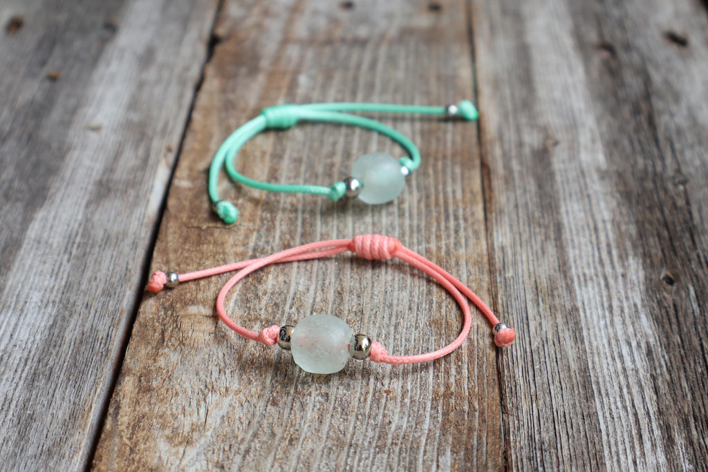 Recycled Glass Bead Bracelet or Anklet, Frosted Matte Sea Glass Charm, Adjustable Cord Boho Beach Jewelry Handmade Gift