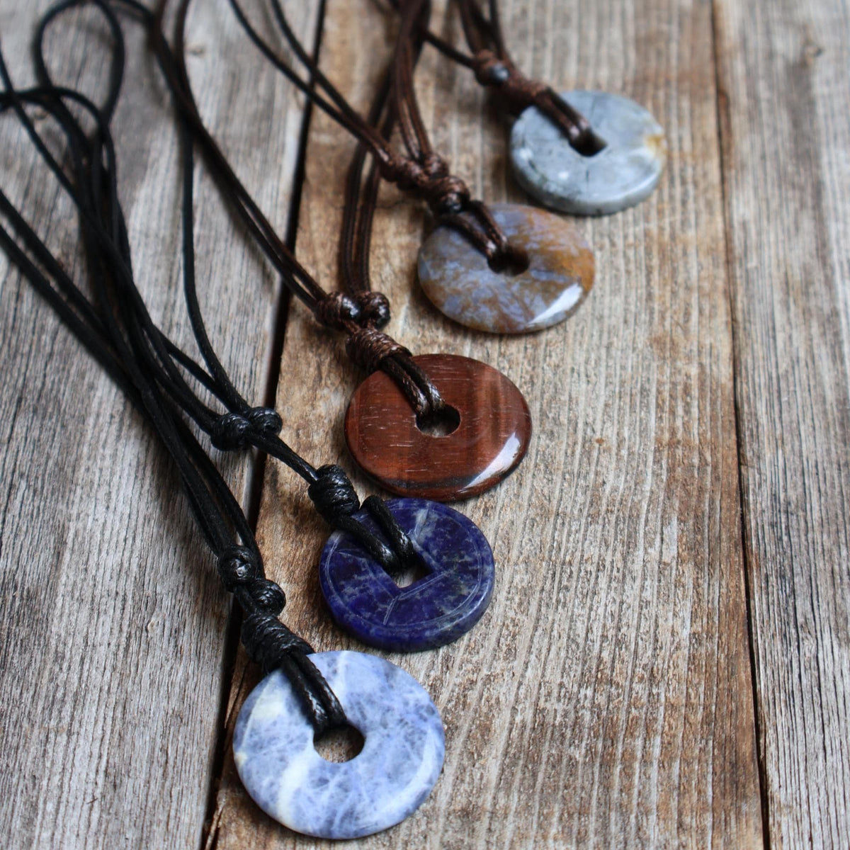 Natural Stone Donut Pendant Necklaces on Waxed Cord