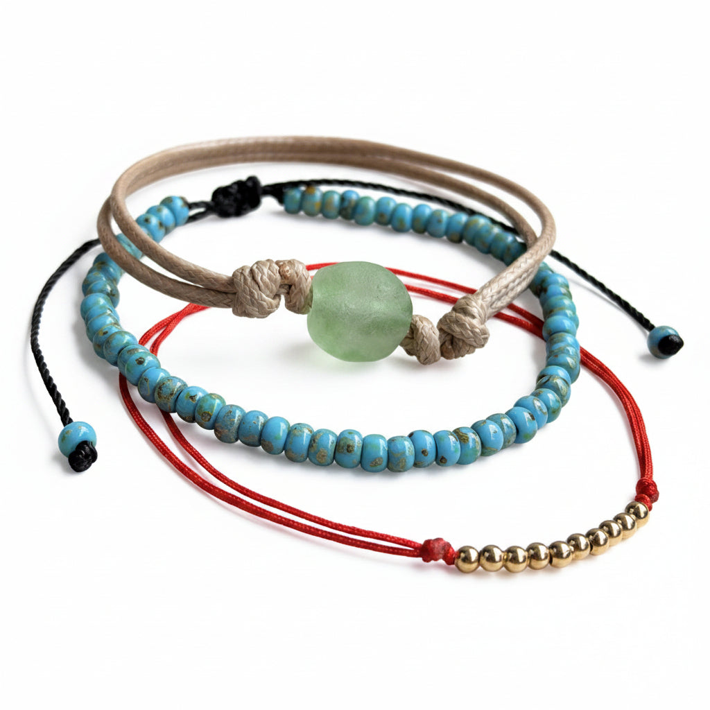 Set of 3 Beaded Bracelet Anklets: Turquoise Czech Beads, Green Recycled Sea Glass, and Gold Beads on Red Cord