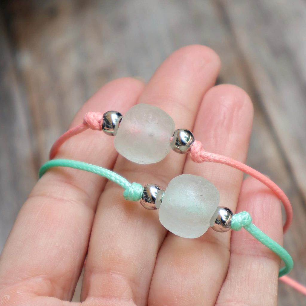 Recycled Glass Bead Bracelet or Anklet, Frosted Matte Sea Glass Charm, Adjustable Cord Boho Beach Jewelry Handmade Gift