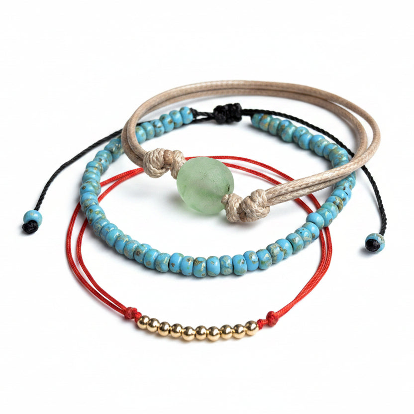 Beaded Bracelet Anklet Set Turquoise Czech Beads Recycled Glass Gold Adjustable Sliding Knot Stackable Handmade Gift