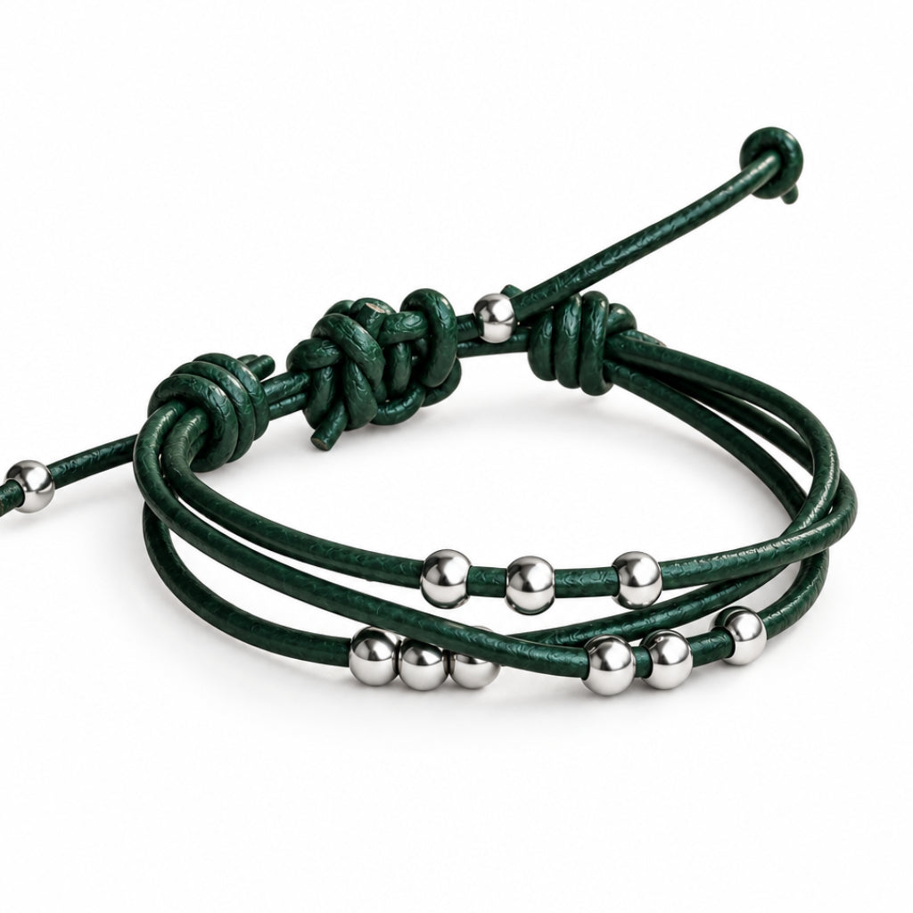 Forest Green Leather Wrap Bracelet, Silver Beads, Boho Adjustable Gift