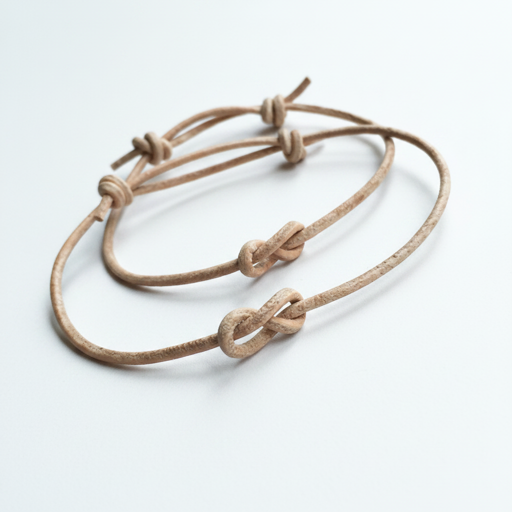 Two beige leather bracelets with knots on a light gray background