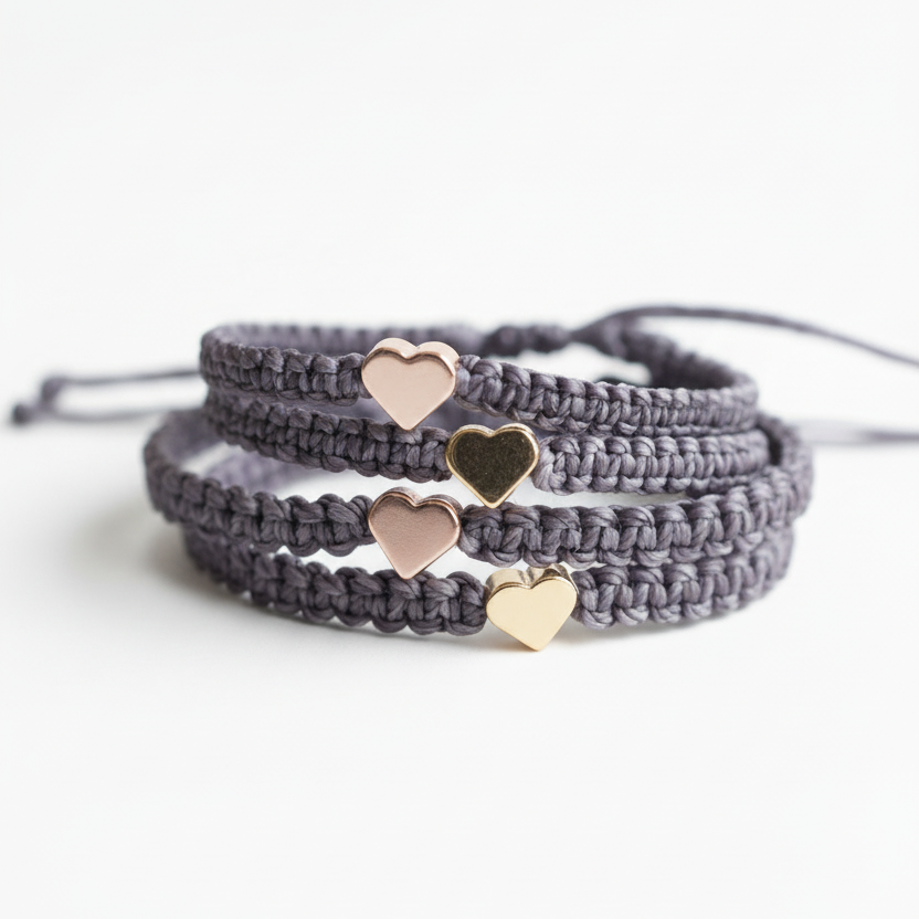 Gray braided bracelet with gold heart-shaped charms on a white background