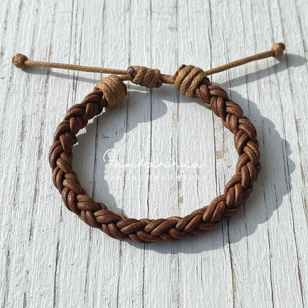 Handmade braided brown leather bracelet with adjustable cord on a rustic white wooden surface.