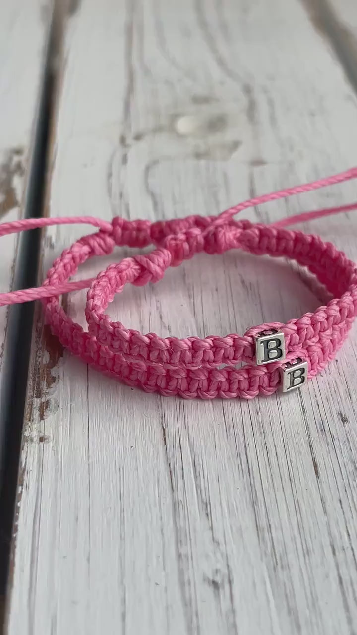 Personalized Pink Braided Bracelets with Sterling Silver Initials