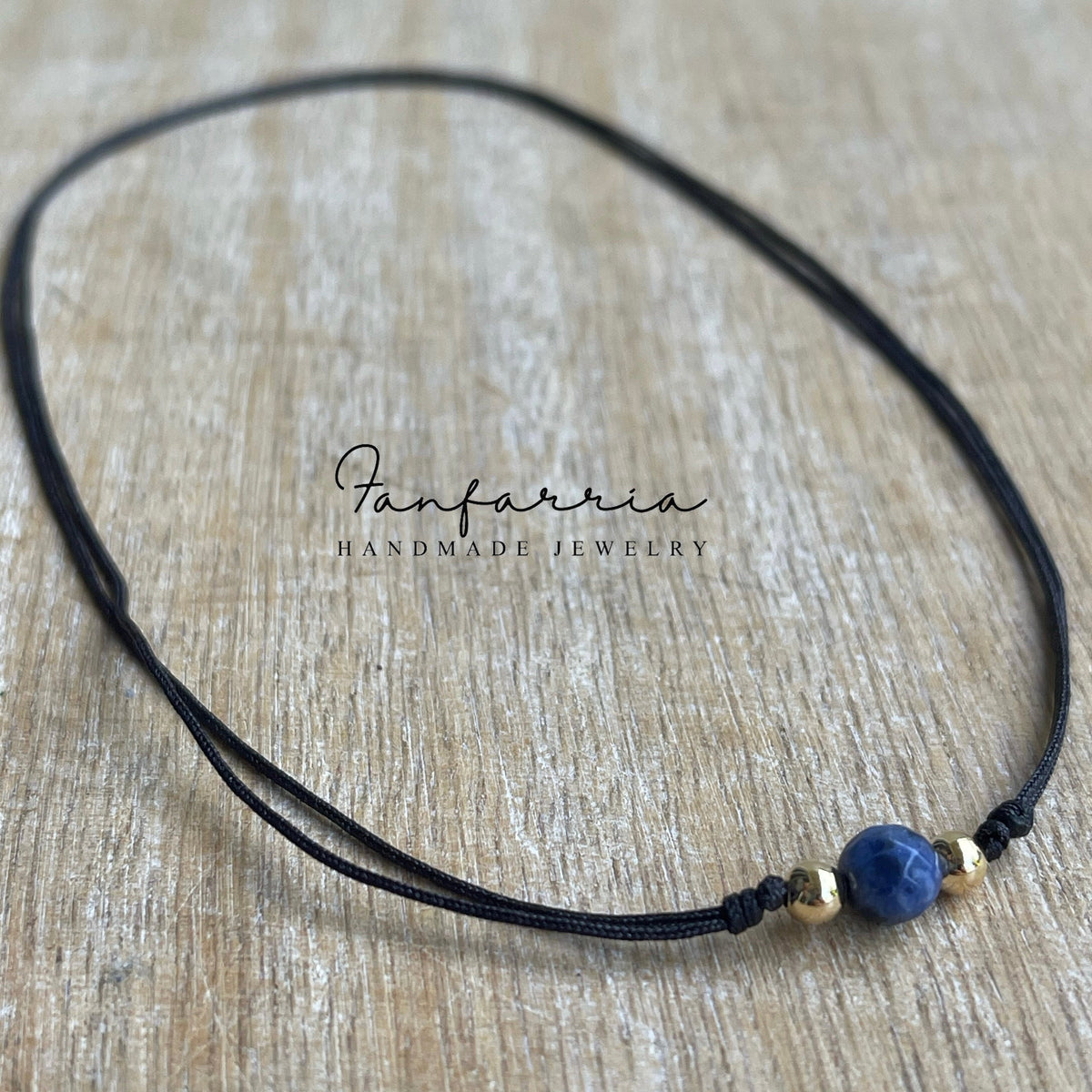 Lapis lazuli gold beaded choker gemstone black cord adjustable waterproof