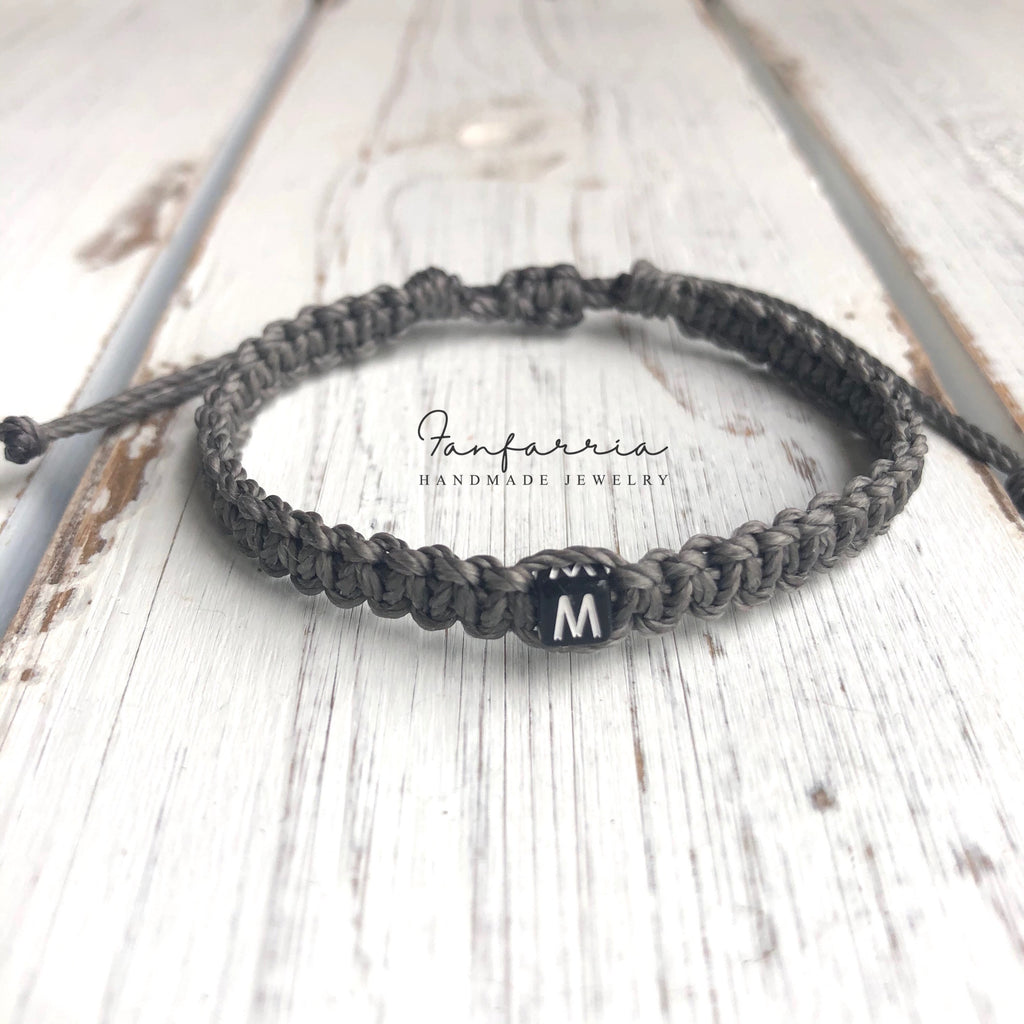 Personalized Initial Letter Bracelet Gray Braided Macrame Adjustable Waterproof by Fanfarria