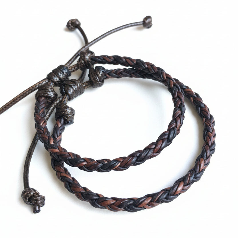 Braided dark brown leather couples bracelets adjustable bolo his and hers set