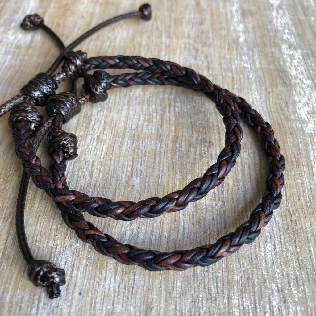 Key West Dark Brown Braided Leather Couple Bracelets - Fanfarria Handmade Jewelry
