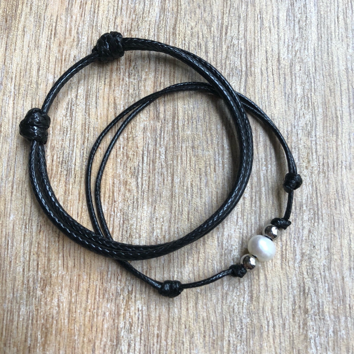 Bal Harbor Set, Silver Accents Black Bracelets, Waxed Cord, His and Hers Bracelets, Pearl Bracelet, Matching Bracelet WC001546