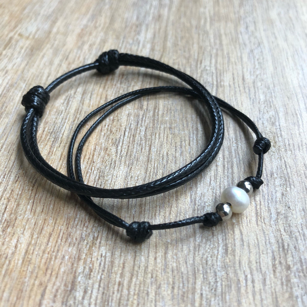 Bal Harbor Set, Silver Accents Black Bracelets, Waxed Cord, His and Hers Bracelets, Pearl Bracelet, Matching Bracelet WC001546