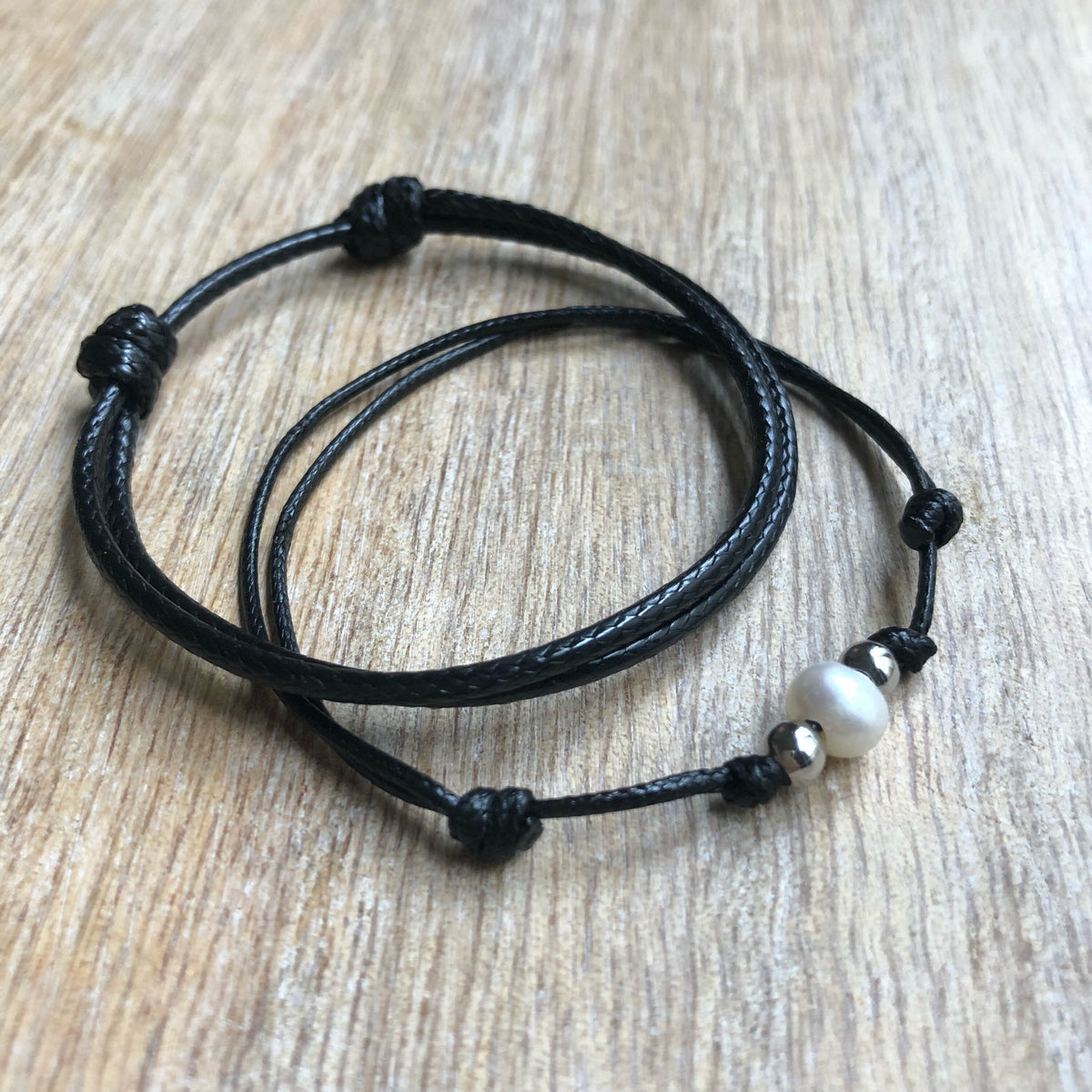 Bal Harbor Set, Silver Accents Black Bracelets, Waxed Cord, His and Hers Bracelets, Pearl Bracelet, Matching Bracelet WC001546