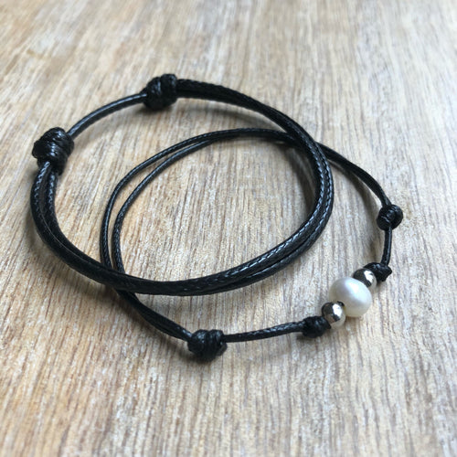 Bal Harbor Set, Silver Accents Black Bracelets, Waxed Cord, His and Hers Bracelets, Pearl Bracelet, Matching Bracelet WC001546