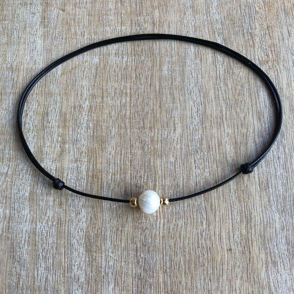 Pearl Choker Necklace, Black Choker, Waxed Cord Pearl Choker, Gold filled beads, Black Necklace Waterproof WN001045 - Fanfarria Handmade Jewelry