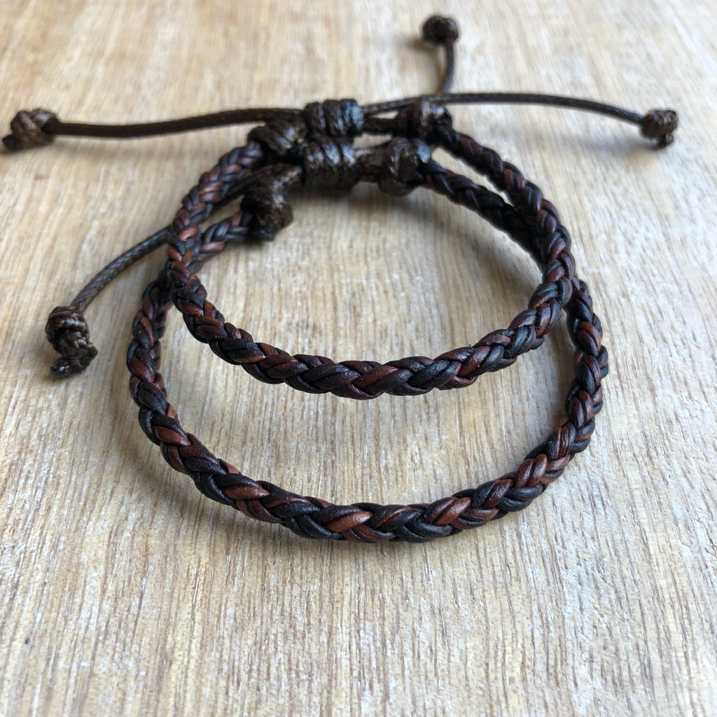 Key West Dark Brown Braided Leather Couple Bracelets - Fanfarria Handmade Jewelry