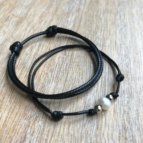 Bal Harbor Set, Silver Accents Black Bracelets, Waxed Cord, His and Hers Bracelets, Pearl Bracelet, Matching Bracelet WC001546