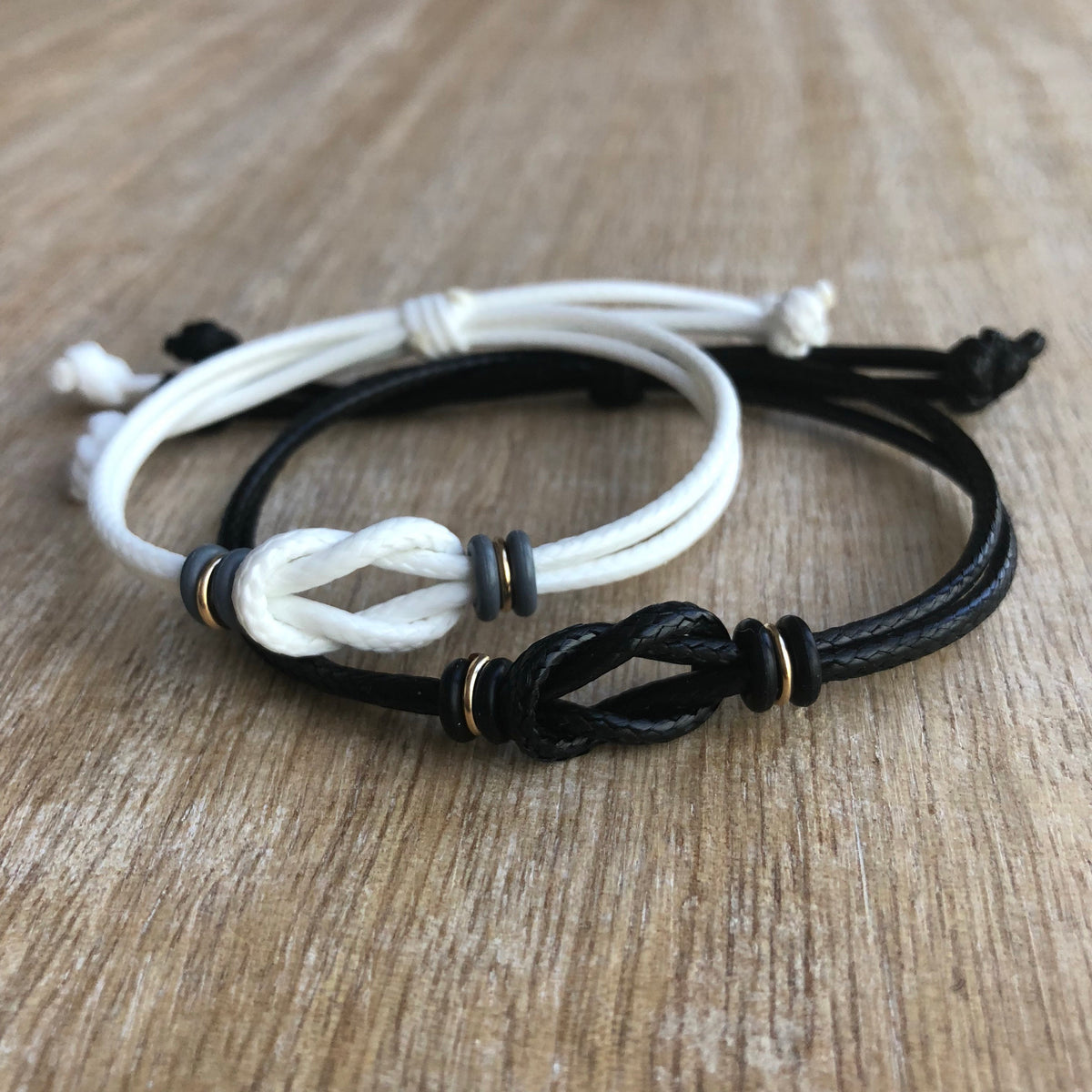 Sanibel Black and White Gold Accents Couples Bracelets - Fanfarria Handmade Jewelry
