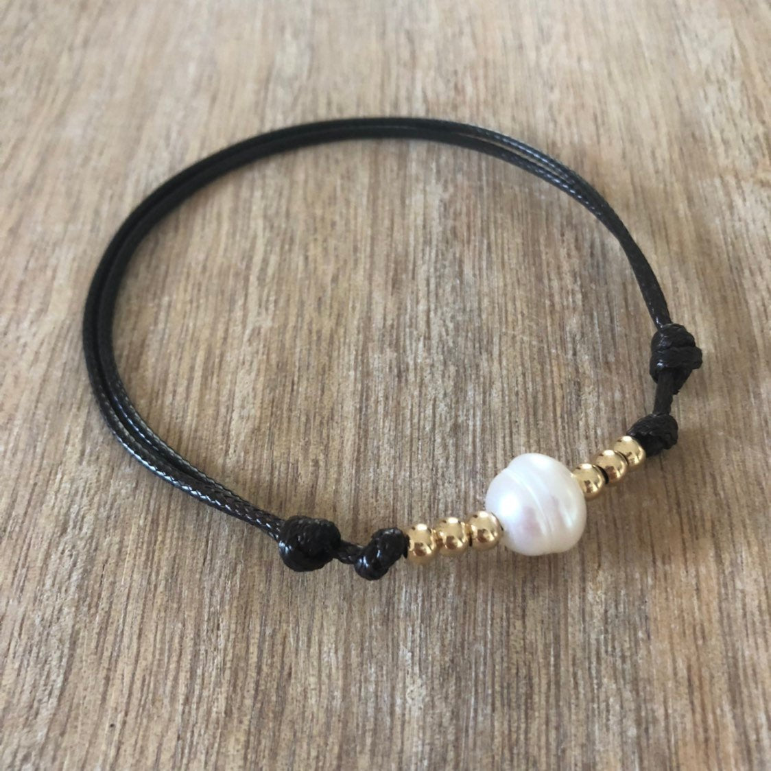 Pearl Anklet, Gold Bead Anklet, Waterproof Anklet, Adjustable, Dark Brown - Fanfarria Handmade Jewelry