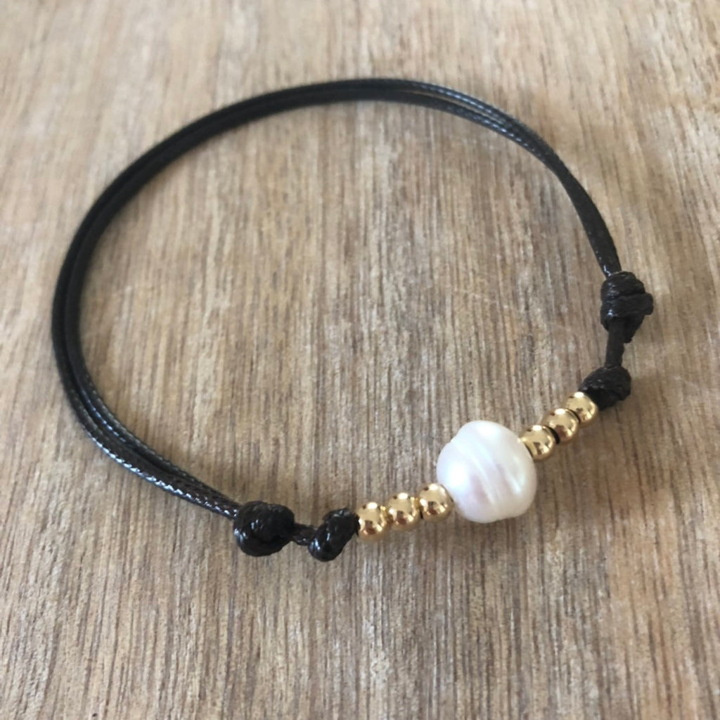 Pearl Anklet, Gold Bead Anklet, Waterproof Anklet, Adjustable, Dark Brown - Fanfarria Handmade Jewelry