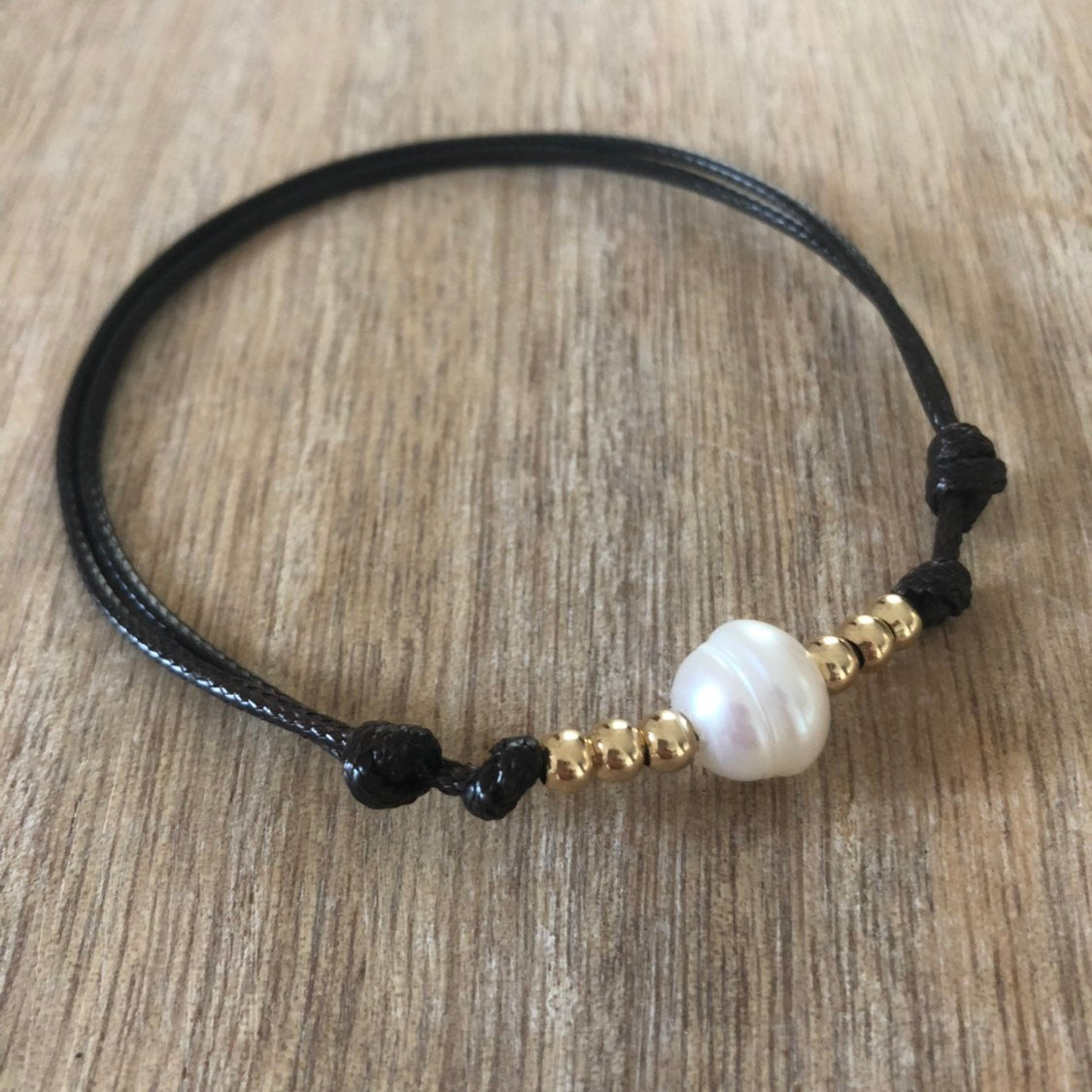 Pearl Anklet, Gold Bead Anklet, Waterproof Anklet, Adjustable, Dark Brown - Fanfarria Handmade Jewelry