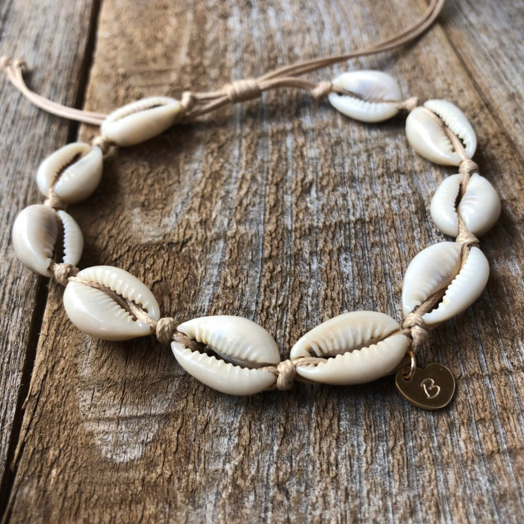 Cowrie Shell Personalized Bracelet Anklet Initial Gold filled Heart - Fanfarria Handmade Jewelry