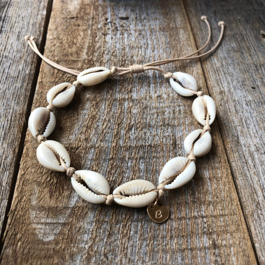 Cowrie Shell Personalized Bracelet Anklet Initial Gold filled Heart - Fanfarria Handmade Jewelry