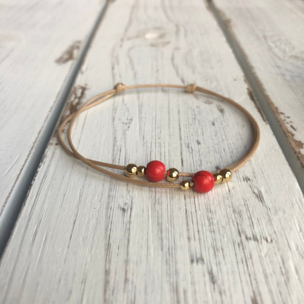 Pebbles, Red Beaded Natural Anklet Gold Accents