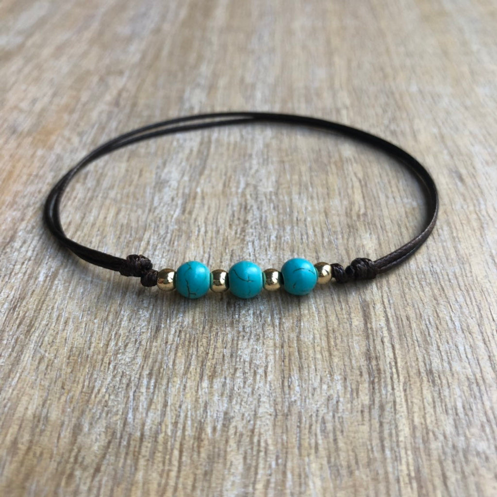 New Smyrna Turquoise Bead Anklet Gold Accents Brown Cord - Fanfarria Handmade Jewelry