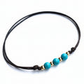 New Smyrna Turquoise Bead Anklet Gold Accents Brown Cord - Fanfarria Handmade Jewelry