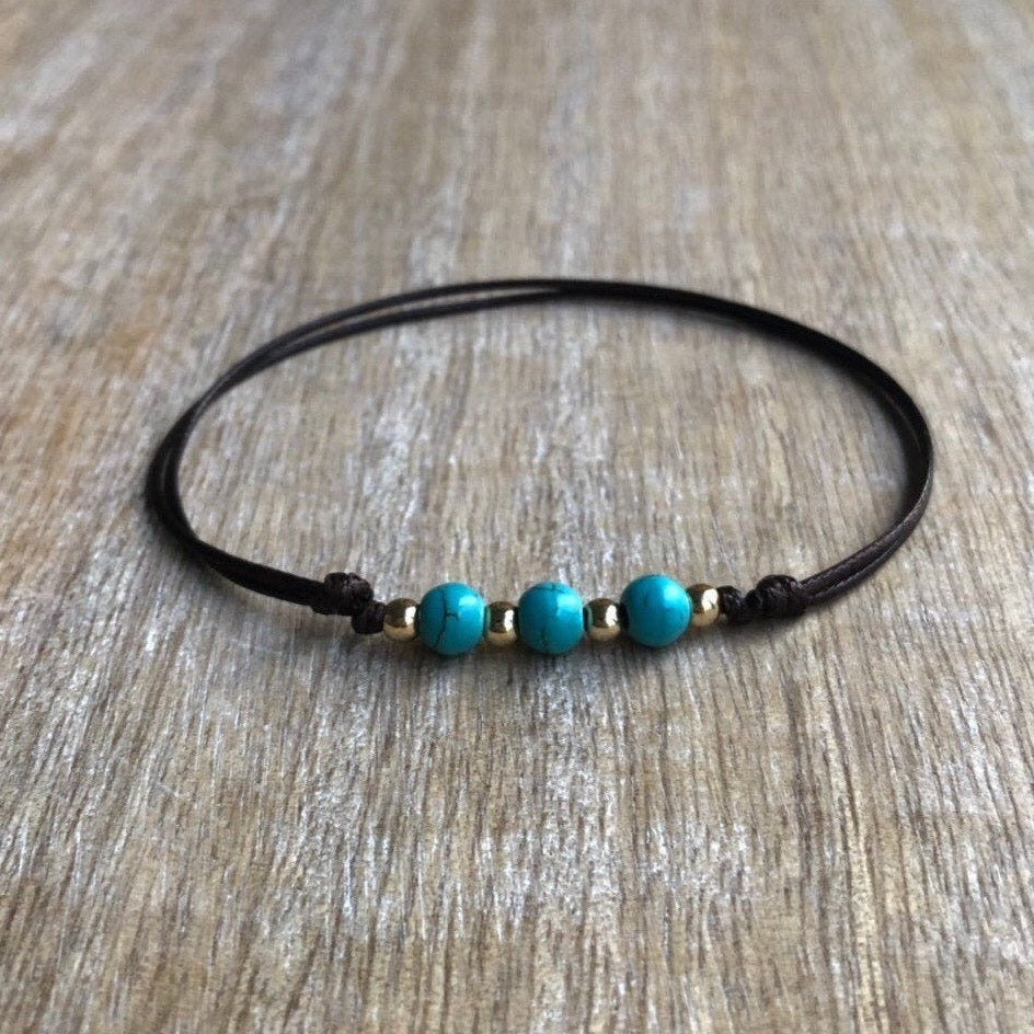 New Smyrna Turquoise Bead Anklet Gold Accents Brown Cord - Fanfarria Handmade Jewelry