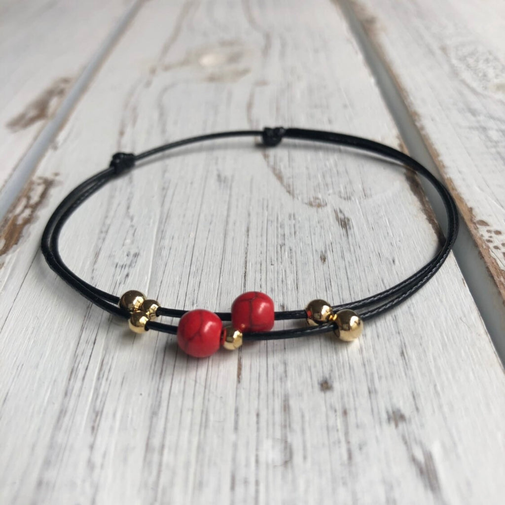 Pebbles, Red Beaded Black Anklet Gold Accents WA001799