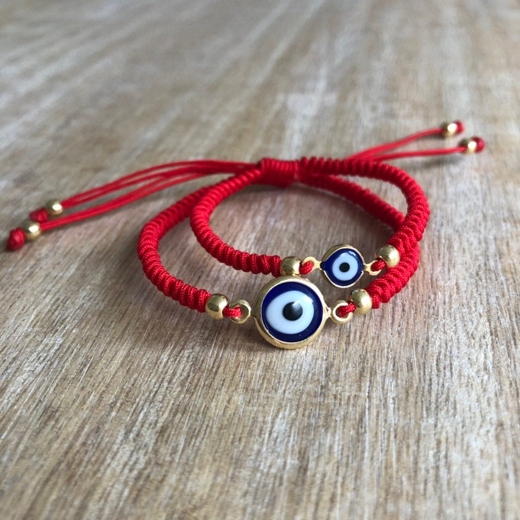 Red Evil Eye Mommy and Me Bracelets, Gold Beaded, Adjustable, Waterproof, Set of 2 - Fanfarria Handmade Jewelry