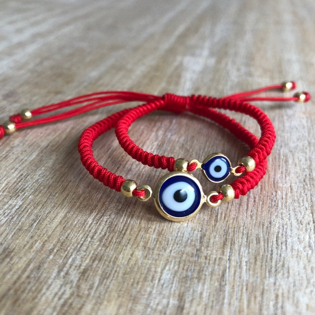 Red Evil Eye Mommy and Me Bracelets, Gold Beaded, Adjustable, Waterproof, Set of 2 - Fanfarria Handmade Jewelry