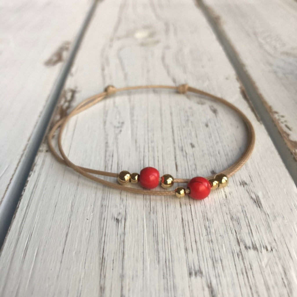 Pebbles, Red Beaded Natural Anklet Gold Accents