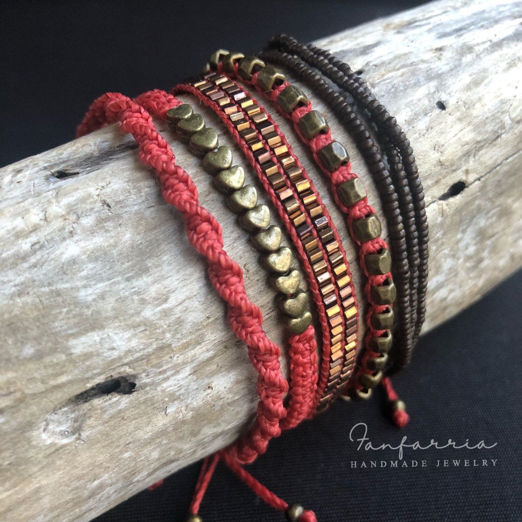 Red Bracelet Set 5 String Boho Bracelets - Fanfarria Handmade Jewelry