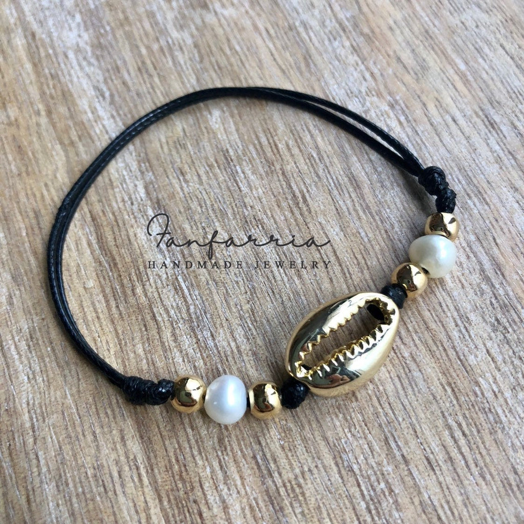 Gold Cowrie Pearl Sea Shell Anklet, Shell Bracelet - Fanfarria Handmade Jewelry