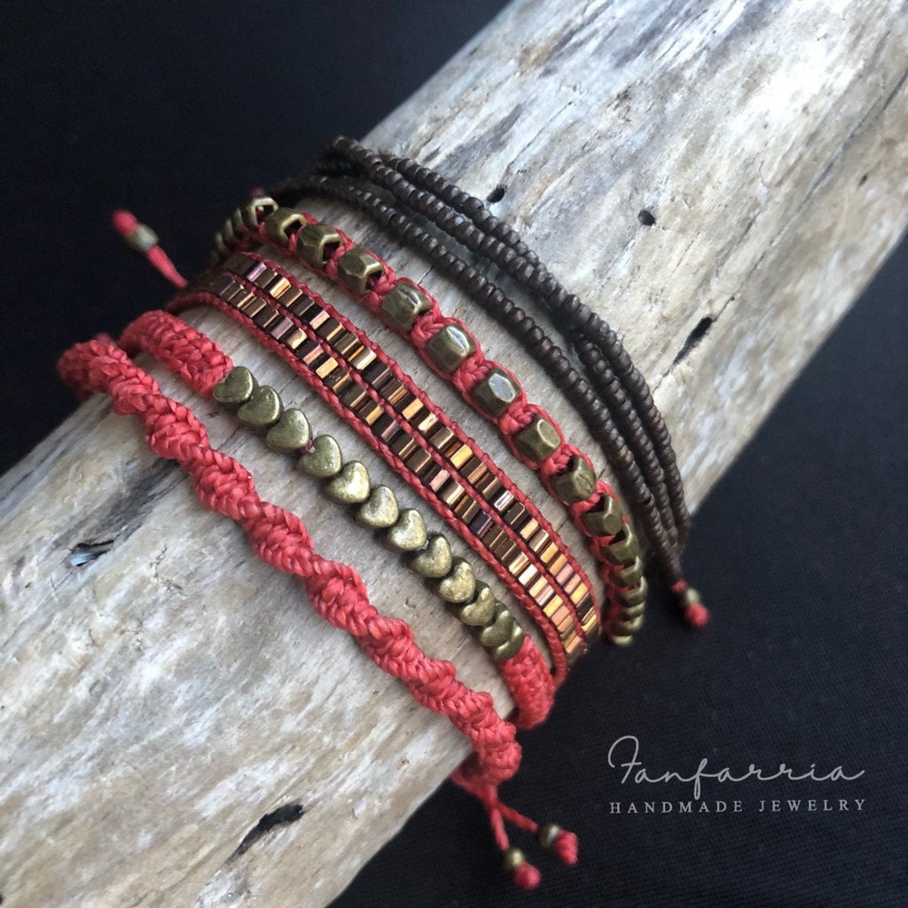 Red Bracelet Set 5 String Boho Bracelets - Fanfarria Handmade Jewelry