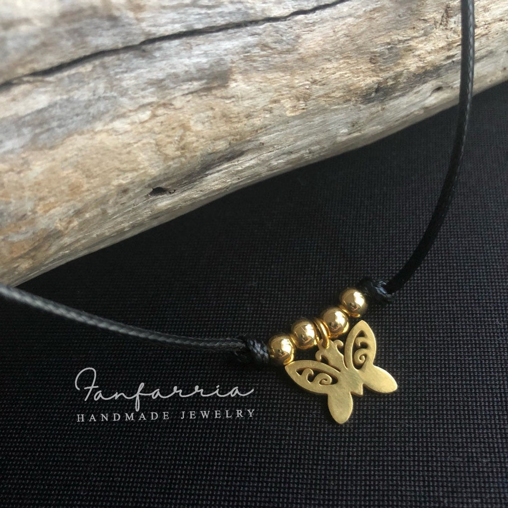 Gold Butterfly Black Choker - Fanfarria Handmade Jewelry