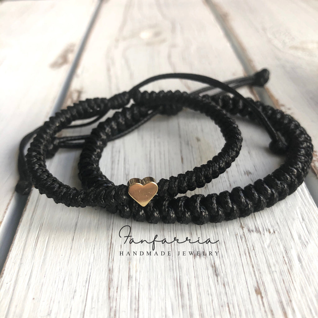 Gold Heart Black Couple Bracelets, His and Hers