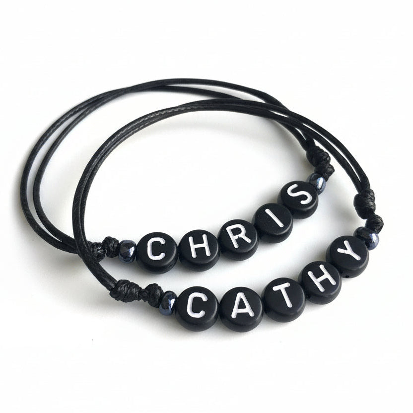 Personalized black bead letter couple bracelets custom name his and hers waterproof