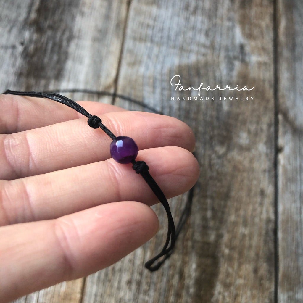 Purple Agate Faceted Bead, Gemstone, Choker, Black Minimalist Choker, Adjustable, Waterproof