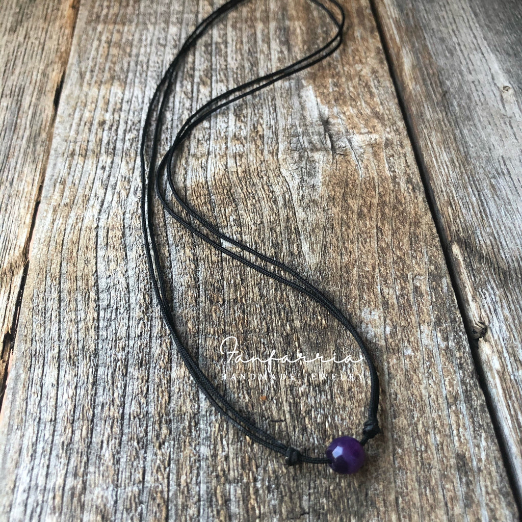 Purple Agate Faceted Bead, Gemstone, Choker, Black Minimalist Choker, Adjustable, Waterproof