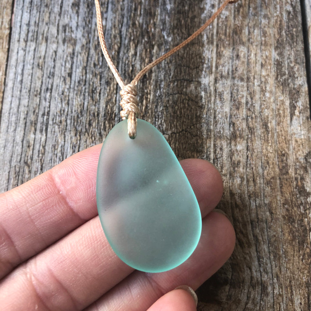 Seafoam recycled sea glass bead necklace brown cord adjustable waterproof