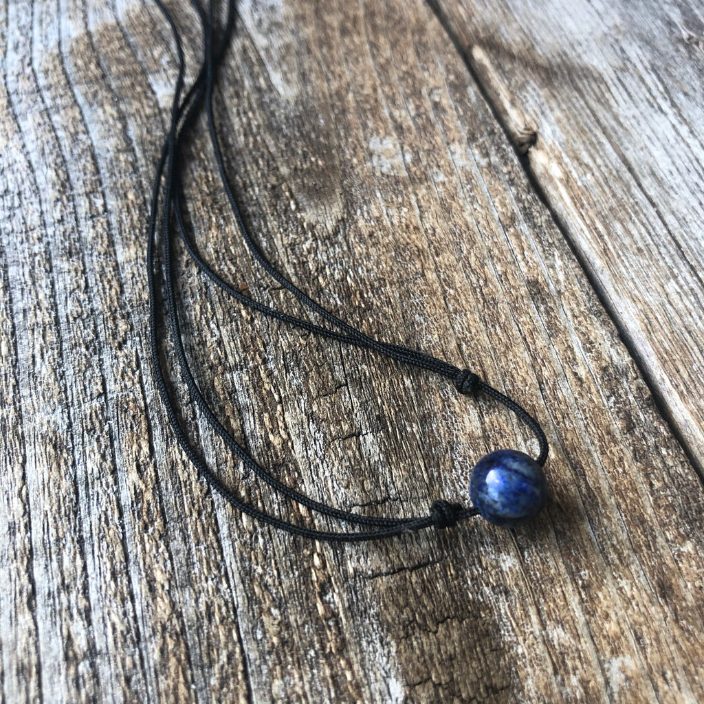 Lapis lazuli gemstone choker necklace on neck lifestyle photo adjustable
