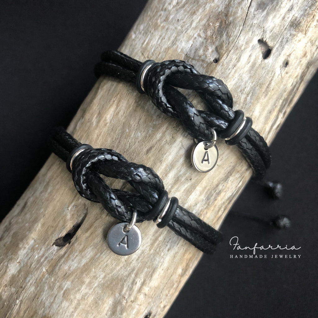 Sanibel II Couple Bracelets, Black Personalized, His and Hers, Distance, Love Knot, Anniversary gift, Matching Bracelet