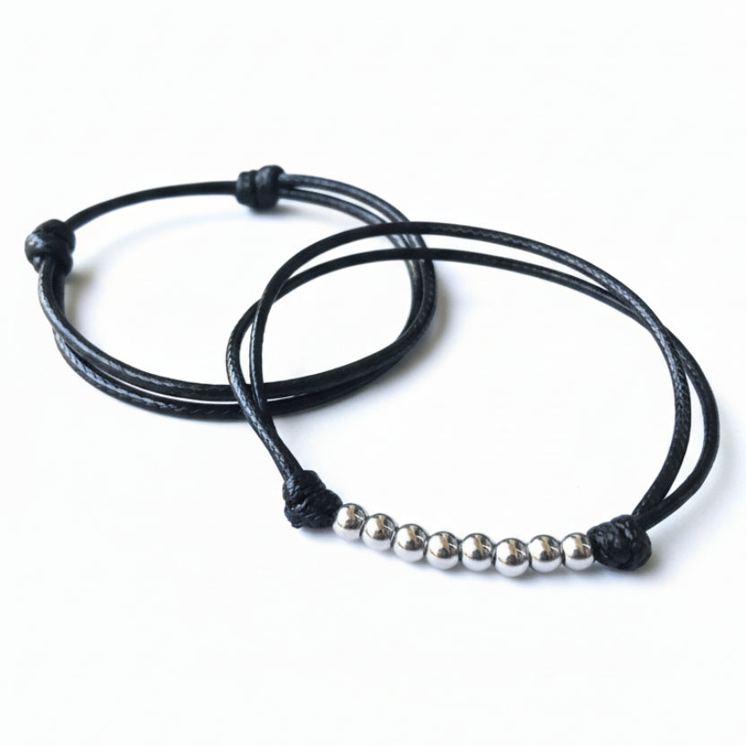 Minimalist black couples bracelets silver beaded waterproof matching set