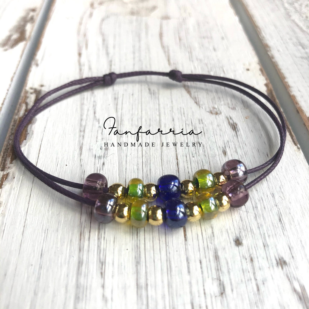 Sebring, Peacock, Purple Green Blue Czech Beads Gold Anklet Bracelet Gold Accents