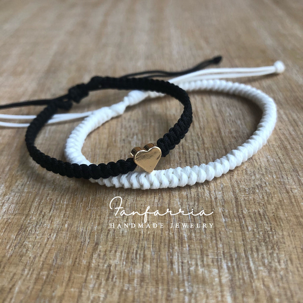 White and Black Bracelet Gold Heart Couple Bracelets His and Hers