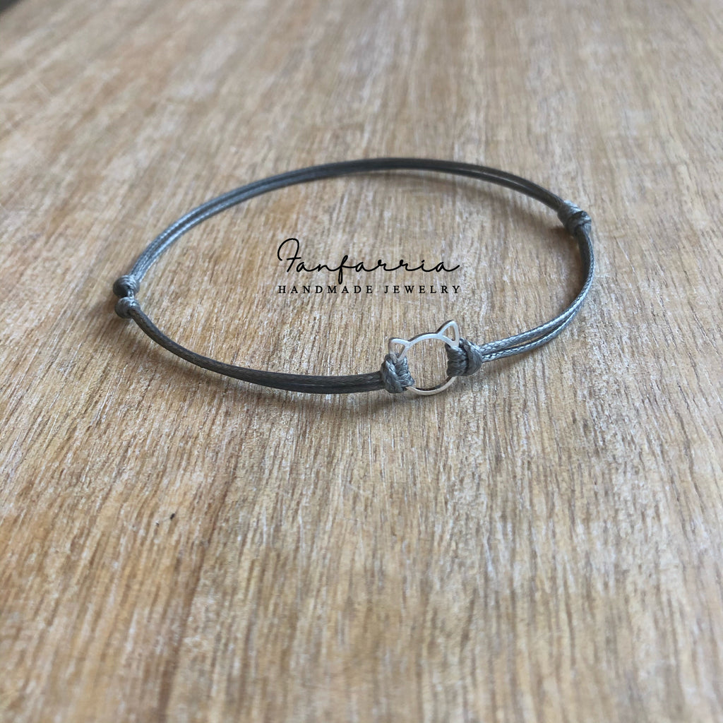 Sterling Silver Cat Anklet, Adjustable Anklet, Gray Waxed Cord, Waterproof, Cat Lover WA001599